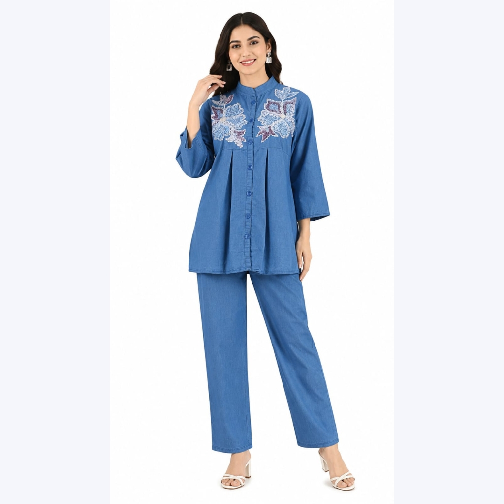 Women Embroidered Denim Co-Ord Set | Stylish Button Down Top & Pant Set for Women