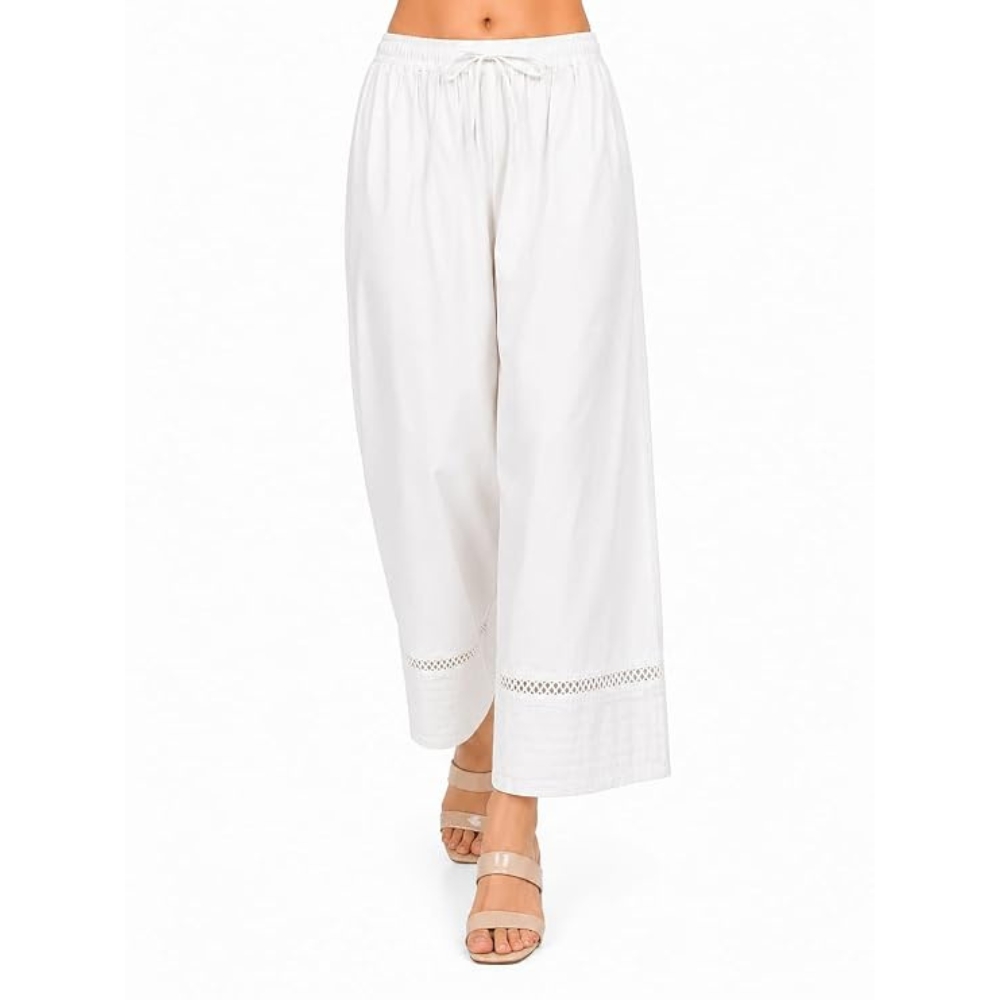 Women’s Cotton Farshi Salwar, White, Wide Leg, Elastic Drawstring Waist with Lace Trim Detail |