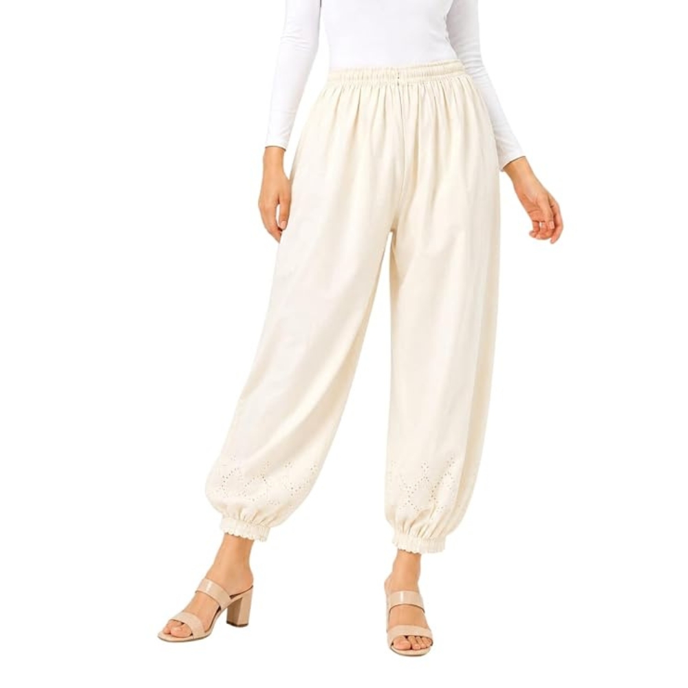 Women’s Cotton Afgani Salwar, Cream, Elastic Waist, Balloon Fit with Eyelet Embroidery |