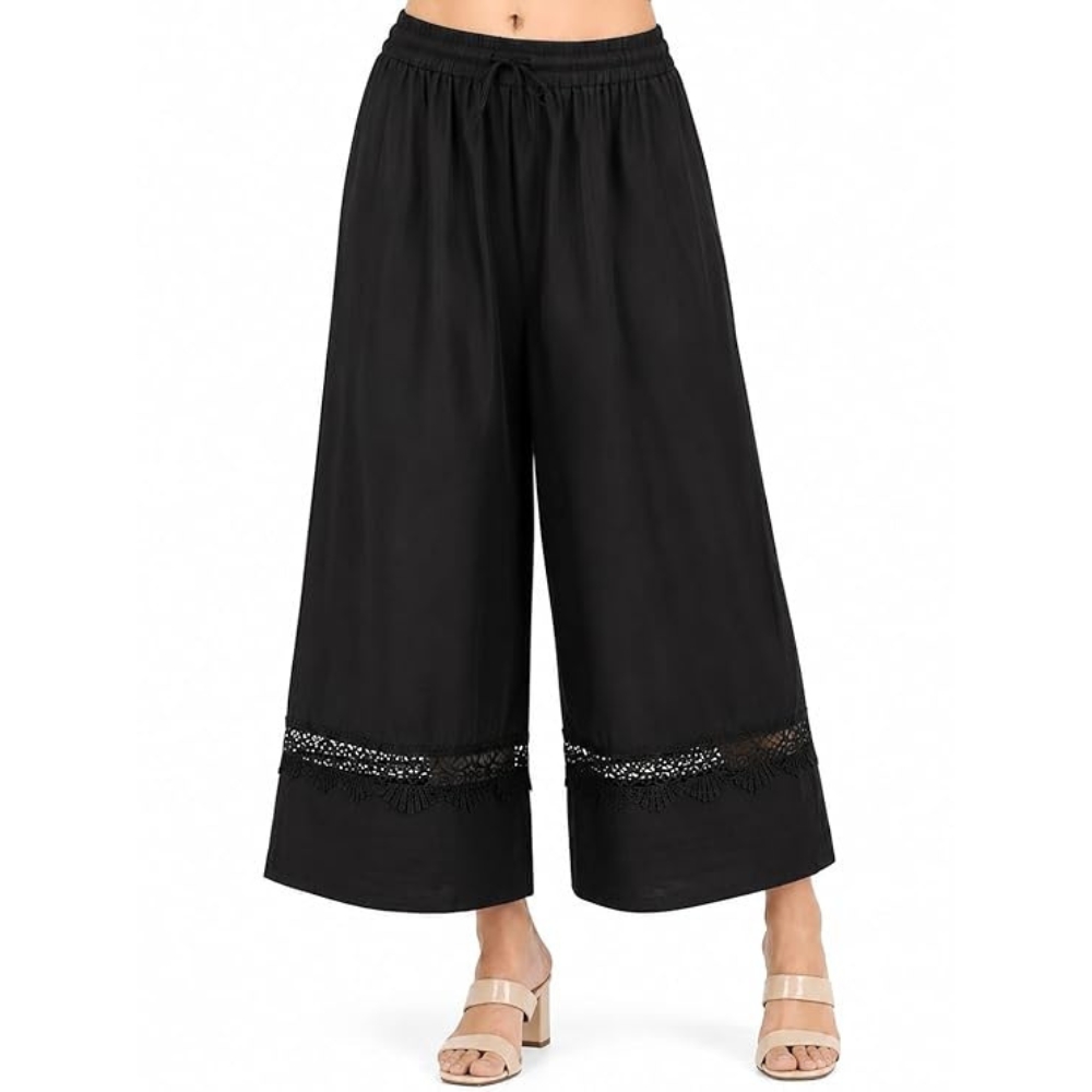 Women’s Cotton Farshi Salwar, Black, Wide Leg, Lace Trim Detail, Elastic Drawstring Waist |