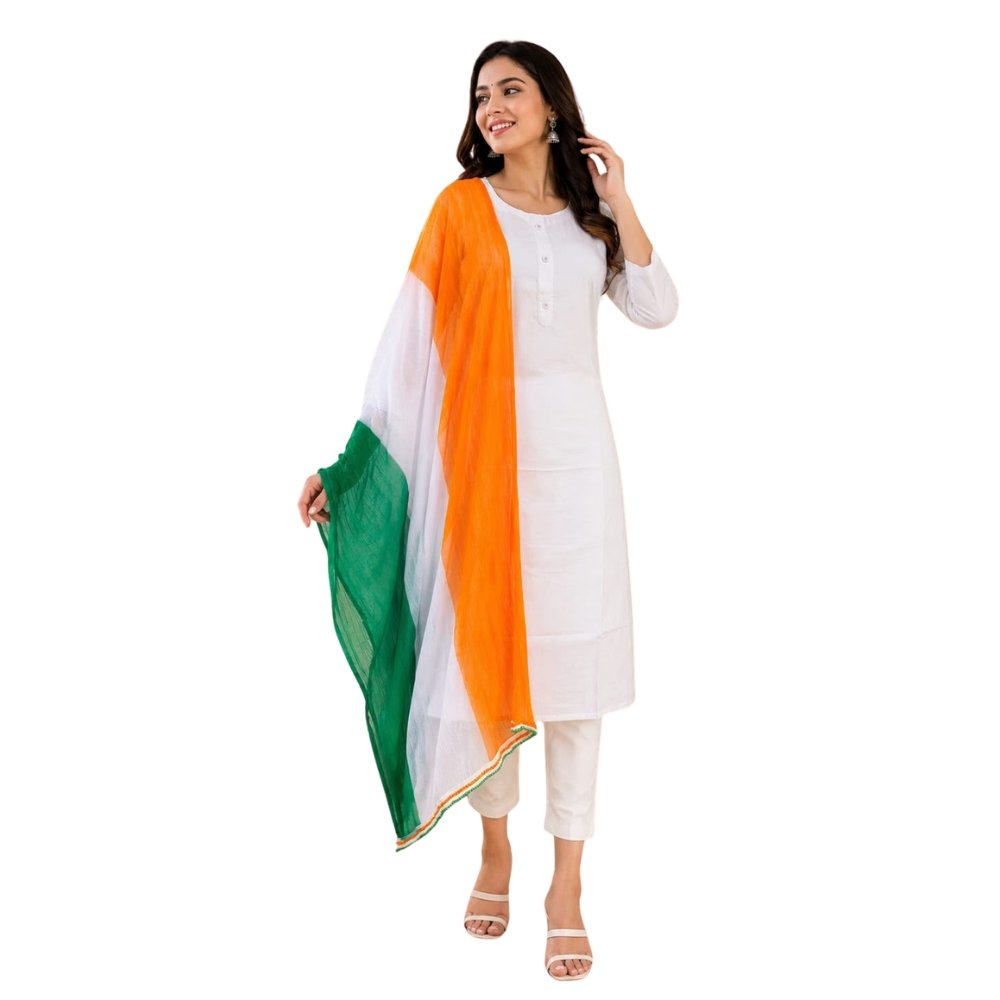 Women’s White Solid Straight Kurta with Tricolor Cotton Dupatta | 2-Piece Ethnic Kurta Set | Casual, Office & Independence Day Wear