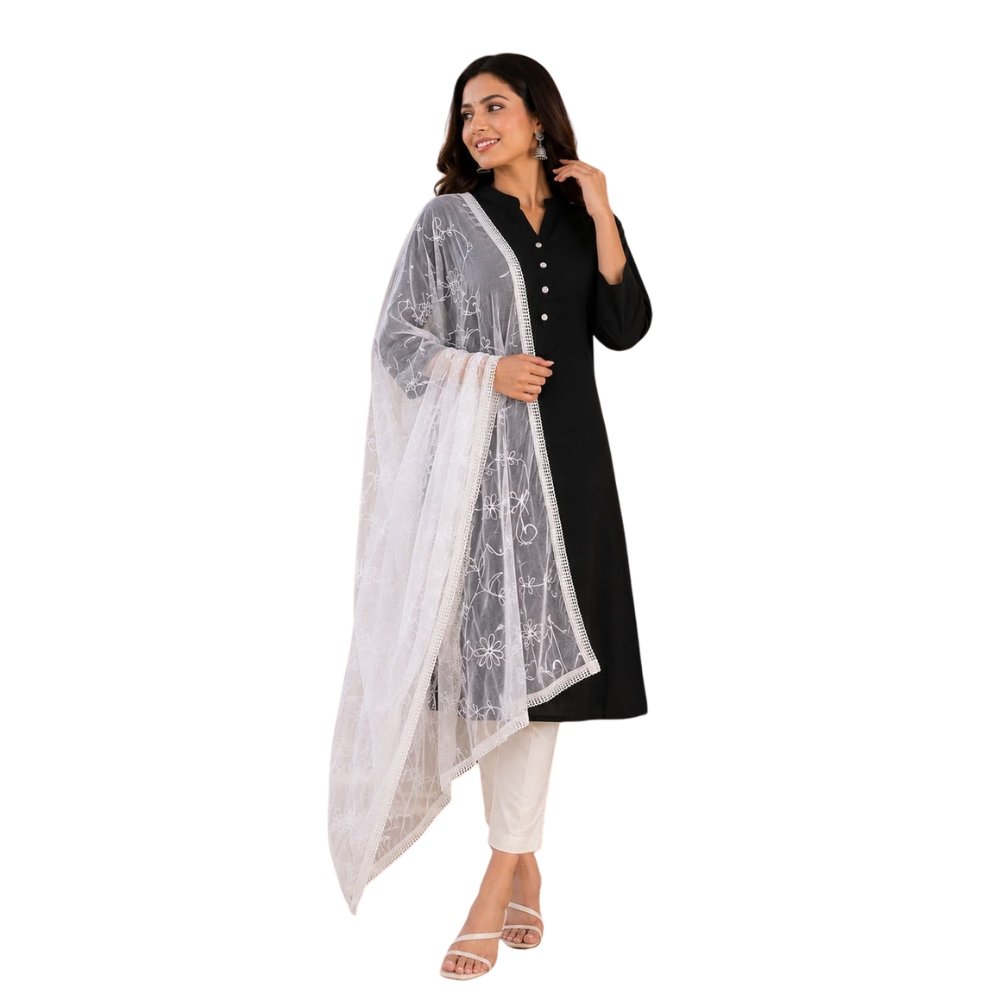 Women’s Black Solid Straight Kurta with White Embroidered Net Dupatta | 2-Piece Ethnic Kurta Set | Casual, Office & Festive Wear
