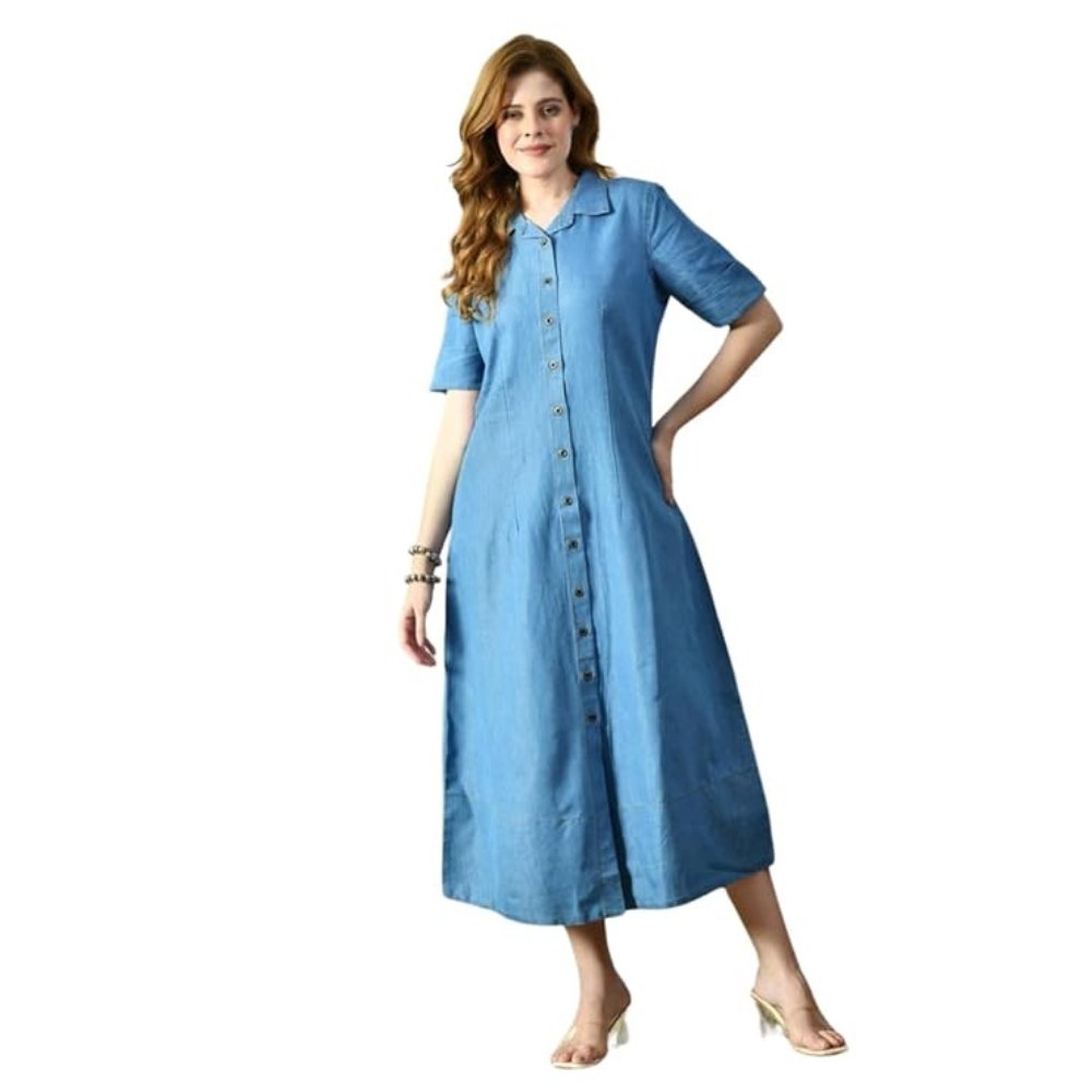 Women’s Light Blue Denim A-Line Maxi Kurti Dress with Button-Down Front