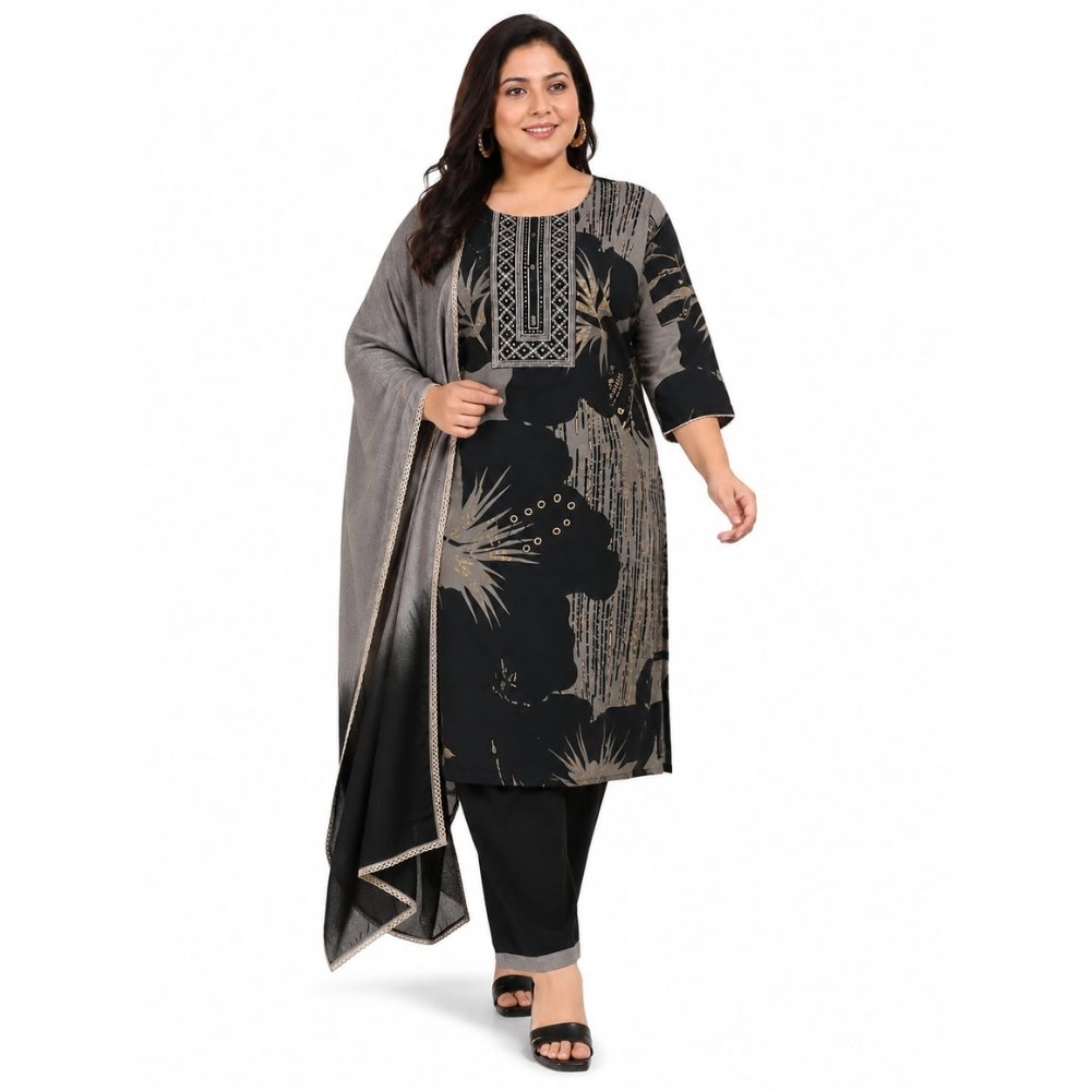 Women’s Black & Grey Printed Kurta Pant Dupatta Set | Straight Fit Ethnic Suit Set with Matching Dupatta | Festive, Office & Casual Wear