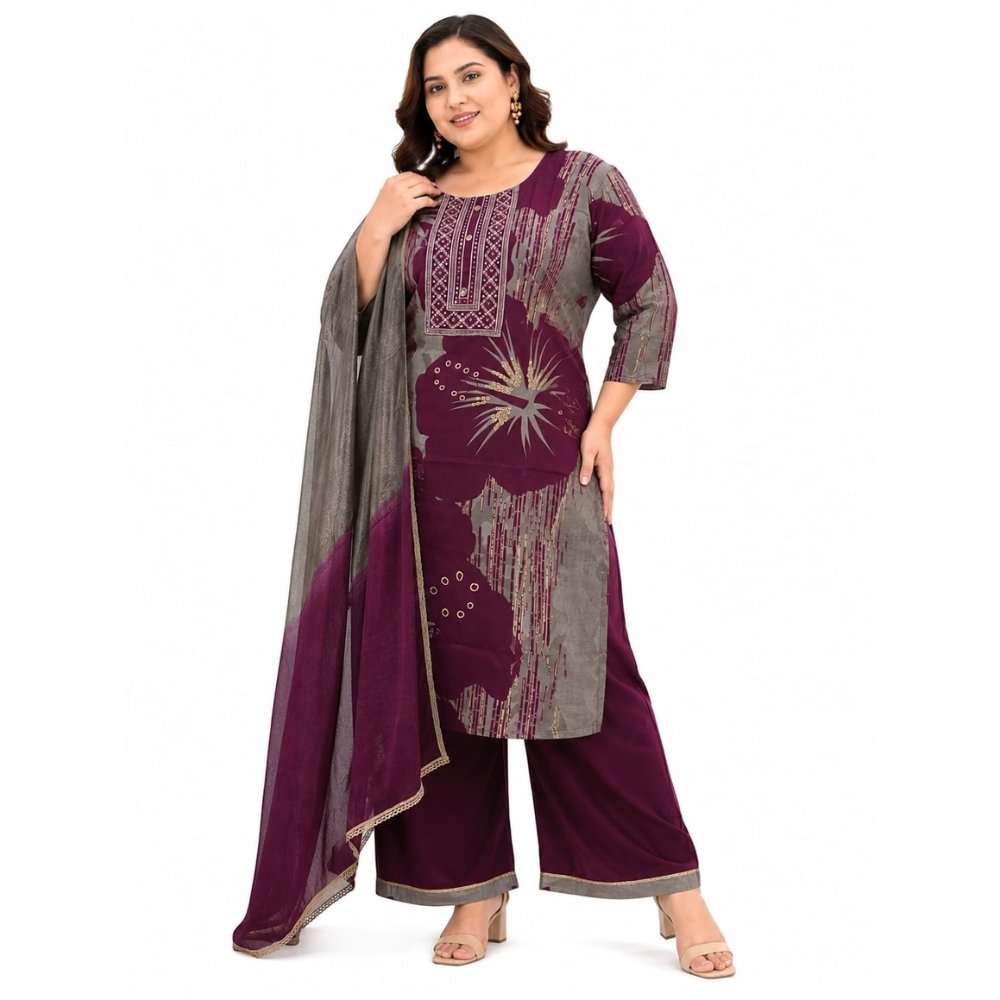Women’s Wine & Grey Printed Kurta Palazzo Dupatta Set | Ethnic Straight Kurta with Wide Leg Palazzo & Organza Dupatta | Festive, Casual & Party Wear