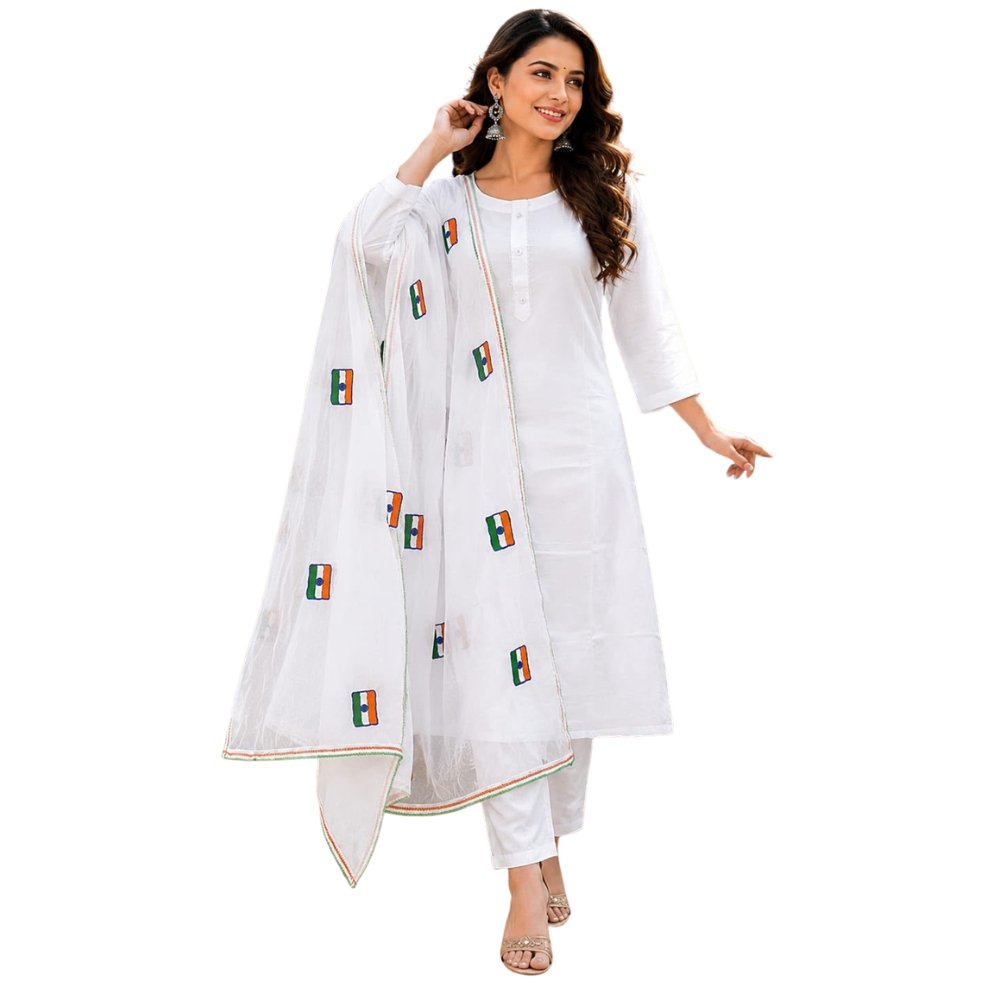 Women’s White Solid Straight Kurta with Embroidered Tiranga Net Dupatta | 2-Piece Ethnic Kurta Set | Independence Day, Republic Day & Festive Wear