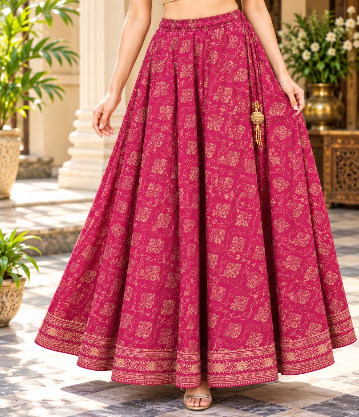 Women’s Ethnic Printed Flared Lehenga Skirt with Golden Tassels | Traditional