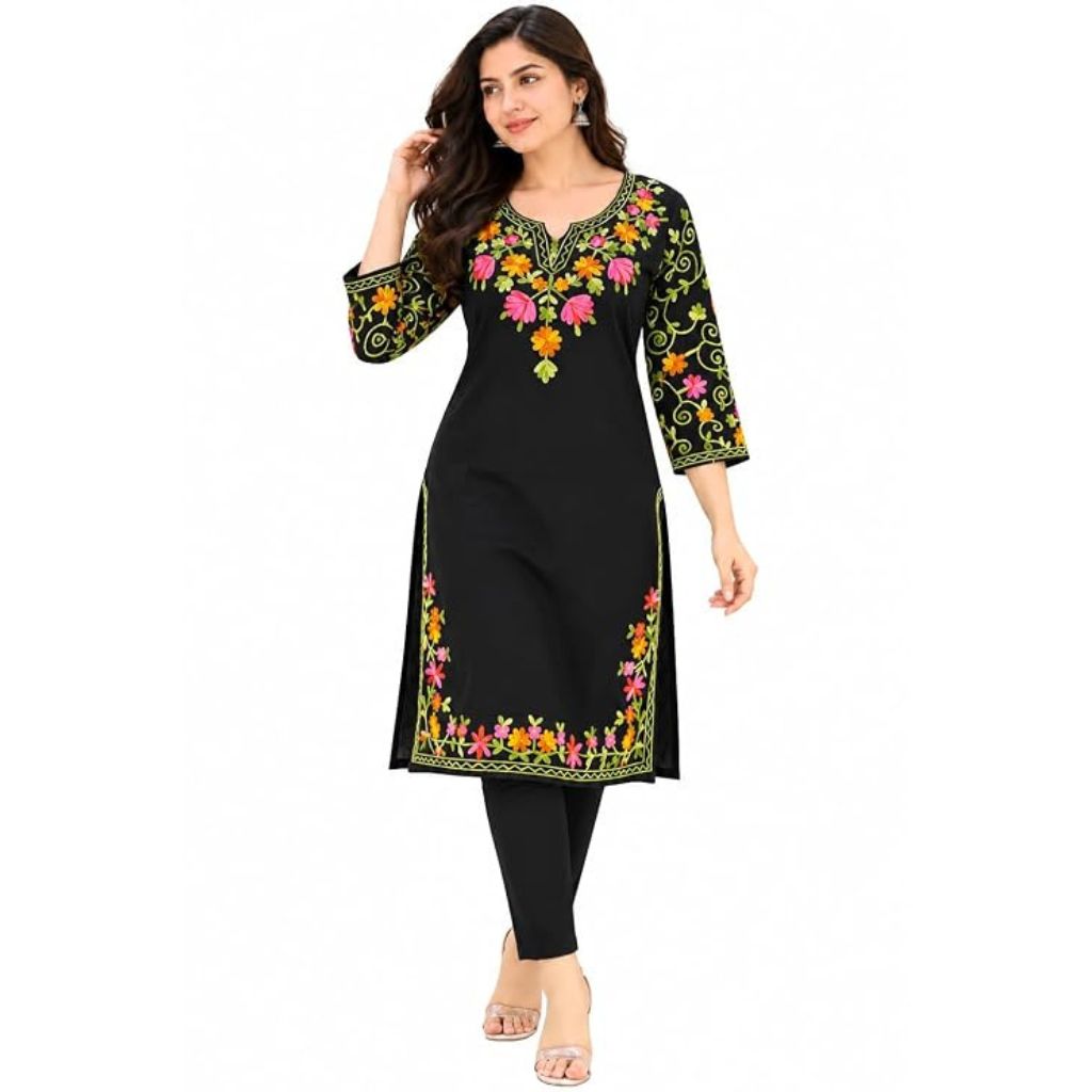 Woolen Fleece Floral Embroidery Kurti | Black