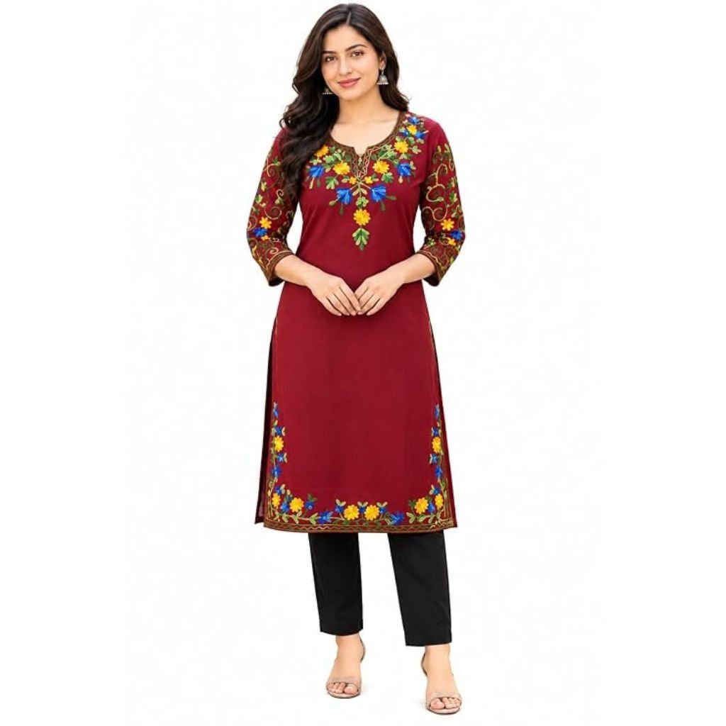 Woolen Fleece Floral Embroidery Kurti | Maroon