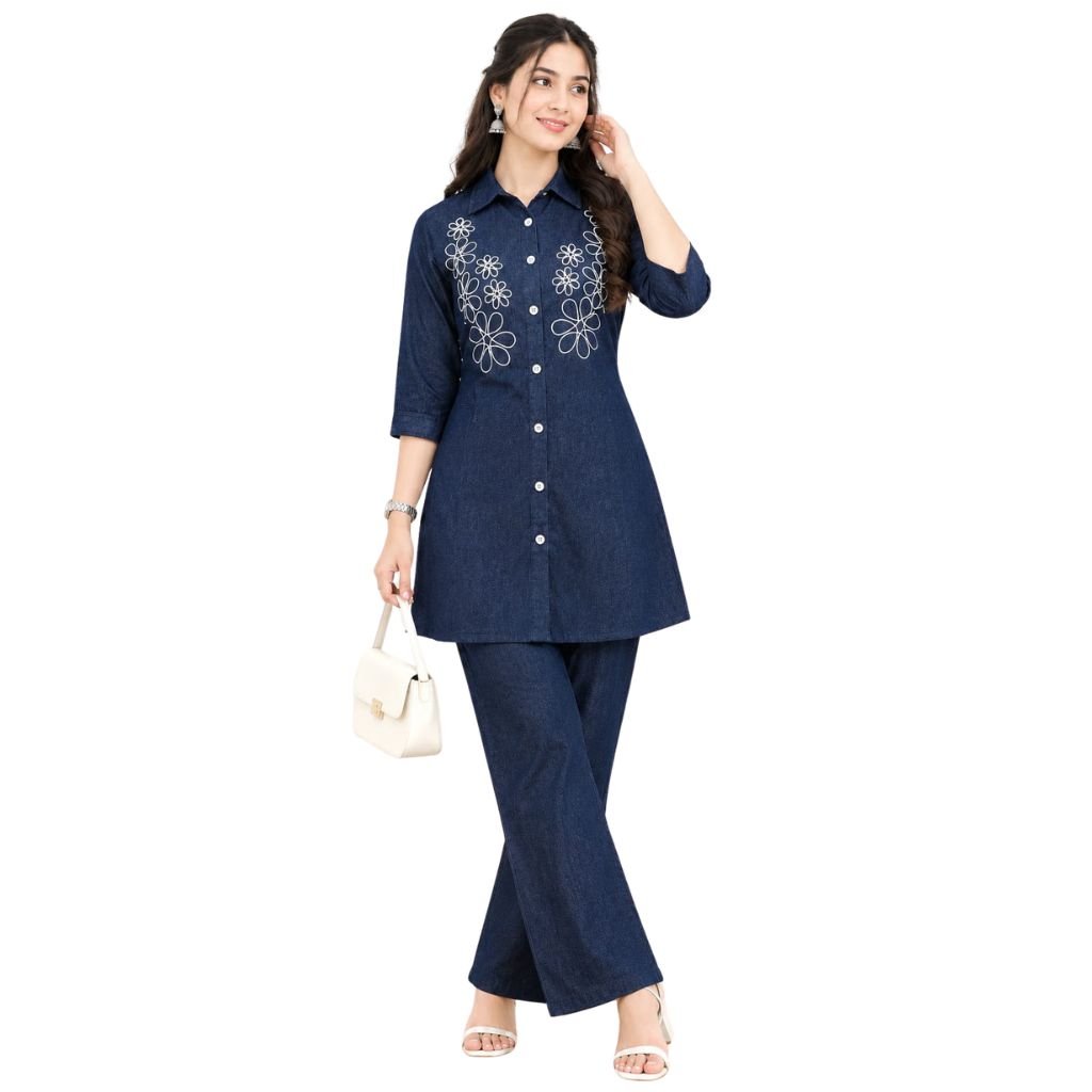 Fashion Plus Styles Women’s Navy Blue Denim Co-Ord Set with White Floral Embroidery | Button-Down Top and Matching Wide-Leg Pants | 3/4 Sleeve Casual Wear